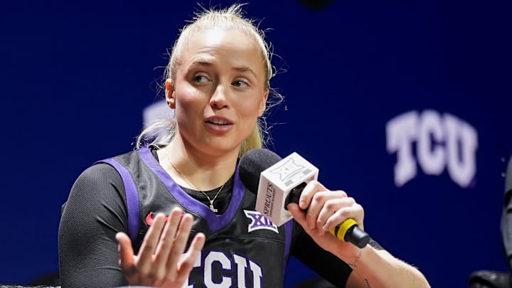 Oct 22, 2024; Kansas City, MO, USA; TCU Horned Frogs guard Hailey Van Lith (10) talks to media during Big 12 Women’s Basketball Media Day at T-Mobile Center. Mandatory Credit: Jay Biggerstaff-Imagn Images