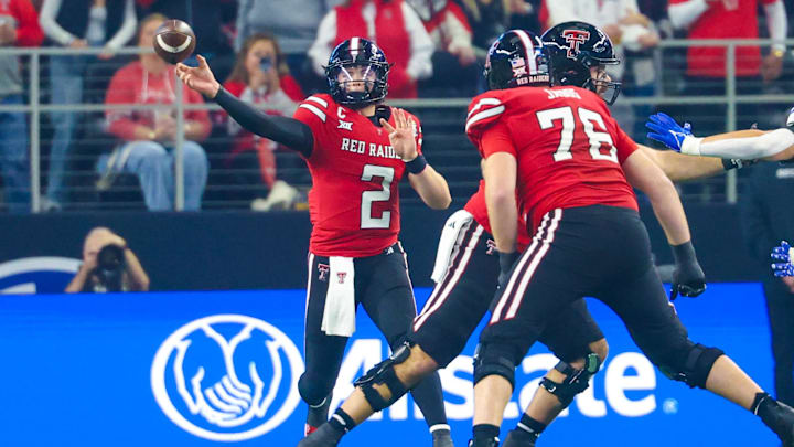 Dec 6, 2025; Arlington, TX, USA; Texas Tech Red Raiders quarterback Behren Morton (2) throws during the first half against the BYU Cougars at AT&T Stadium. Mandatory Credit: Kevin Jairaj-Imagn Images Dec 6, 2025; Arlington, TX, USA; Texas Tech Red Raiders quarterback Behren Morton (2) throws during the first half against the BYU Cougars at AT&T Stadium. Mandatory Credit: Kevin Jairaj-Imagn Images