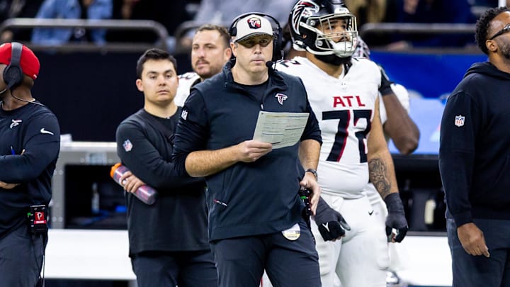 Jan 7, 2024; New Orleans, Louisiana, USA;  Atlanta Falcons head coach Arthur Smith looks on against