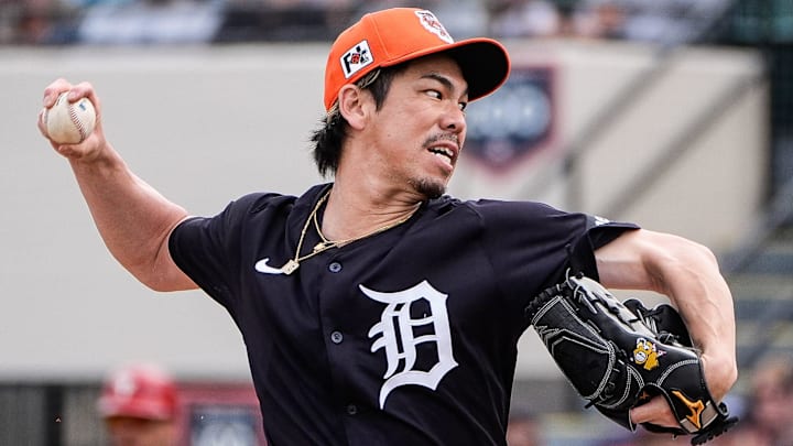 Detroit Tigers pitcher Kenta Maeda throws against Philadelphia Phillies during the first inning of a Grapefruit League game at Joker Marchant Stadium in Lakeland, Fla. on Saturday, Feb. 22, 2025.