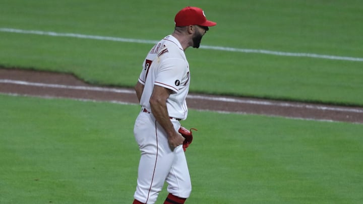 Cincinnati Reds relief pitcher Art Warren (77) reacts.
