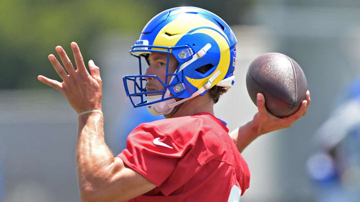 May 28, 2024; Thousand Oaks, CA, USA; Los Angeles Rams quarterback Matthew Stafford (9) during OTAs at the team training facility at California Lutheran University. Mandatory Credit: Jayne Kamin-Oncea-USA TODAY Sports