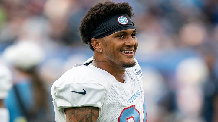 Tennessee Titans cornerback Alontae Taylor (24) talks with teammates during the Blue and White Stadium Scrimmage at Nissan Stadium in Nashville, Tenn., Friday, Aug. 7, 2026.