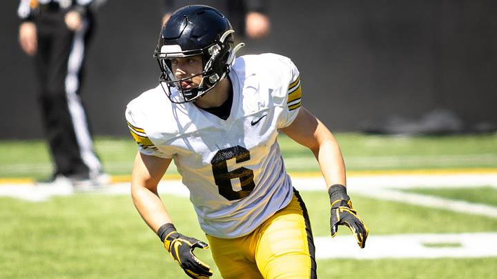 Apr 26, 2025; Iowa City, IA, USA; Iowa defensive back Zach Lutmer (6) defends during a spring NCAA football open practice at Kinnick Stadium. Mandatory Credit: Joseph Cress/For the Register