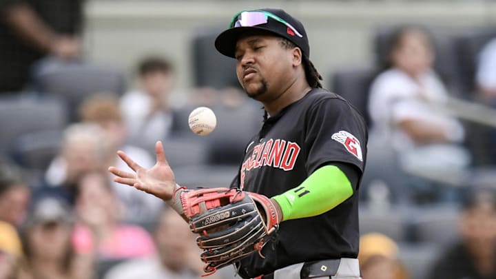 Aug 22, 2024; Bronx, New York, USA; Cleveland Guardians third baseman Jose Ramirez (11) reacts during the eighth inning against the New York Yankees at Yankee Stadium. Mandatory Credit: John Jones-Imagn Images