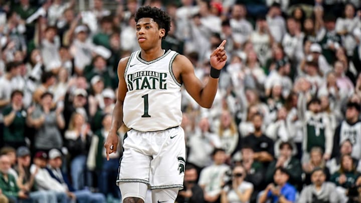 Michigan State's Jeremy Fears Jr. celebrates after a score against UCLA during the first half on Tuesday, Feb. 17, 2026, at the Breslin Center in East Lansing. Michigan State's Jeremy Fears Jr. celebrates after a score against UCLA during the first half on Tuesday, Feb. 17, 2026, at the Breslin Center in East Lansing.