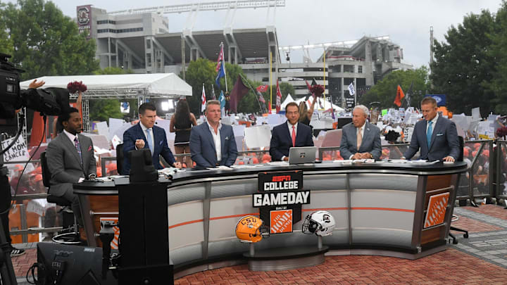 Desmond Howard, left, Rece Davis, Pat McAfee, Nick Saban, Lee Corso, and Kirk Herbstreit live broadcast during ESPN Gameday near Williams-Brice Stadium in Columbia, S.C. Saturday, September 14, 2024.
