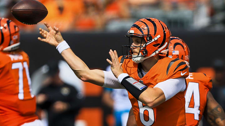 Sep 14, 2025; Cincinnati, Ohio, USA; Cincinnati Bengals quarterback Jake Browning (6) throws a pass against the Jacksonville Jaguars in the first half at Paycor Stadium. Mandatory Credit: Katie Stratman-Imagn Images