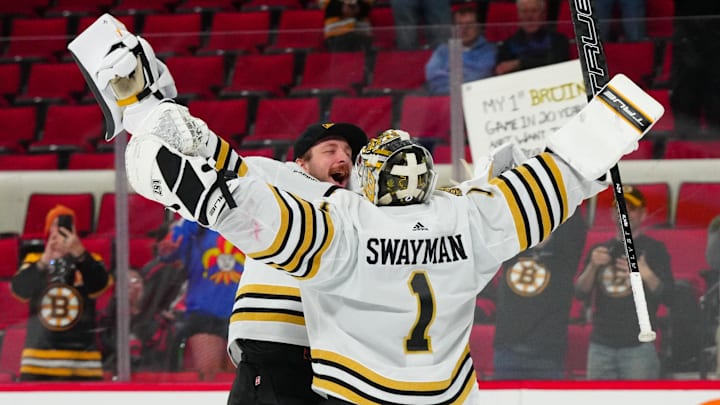 Apr 4, 2024; Raleigh, North Carolina, USA; Boston Bruins goaltender Jeremy Swayman (1) and