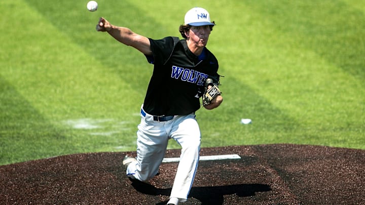Waukee Northwest's Anthony Watts delivers a pitch during a Class 4A high school quarterfinal state baseball game against Waukee, Tuesday, July 19, 2022, at Duane Banks Field in Iowa City, Iowa.
Waukee Northwest won, 7-2, and advances to its semifinal game Thursday against Johnston.

220719 W Nw Waukee Bb 001 Jpg