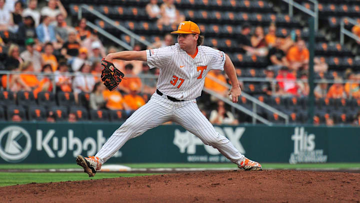 Tennessee's Dylan Loy (37) pitches during a NCAA baseball game at Lindsey Nelson Stadium on Tuesday, May 7, 2024. Tennessee won 6-3 against Queens. Tennessee's Dylan Loy (37) pitches during a NCAA baseball game at Lindsey Nelson Stadium on Tuesday, May 7, 2024. Tennessee won 6-3 against Queens.