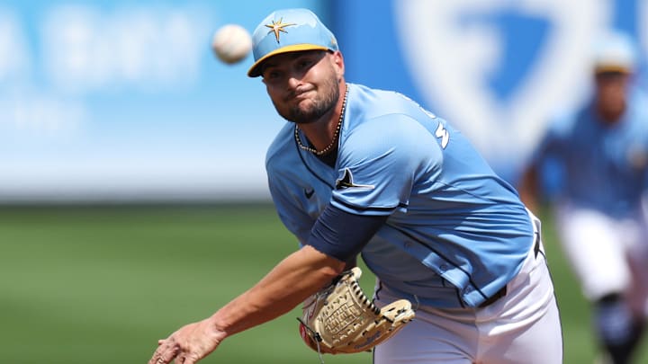 Mar 1, 2025; Port Charlotte, Florida, USA; Tampa Bay Rays pitcher Shane McClanahan (18) throws a pitch against the New York Mets in the second inning during spring training at Charlotte Sports Park. Mandatory Credit: Nathan Ray Seebeck-Imagn Images