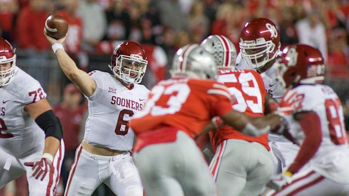 Sep 9, 2017; Columbus, OH, USA; Oklahoma Sooners quarterback Baker Mayfield (6) passes the ball in the second half of the game against the Ohio State Buckeyes at Ohio Stadium. Mandatory Credit: Trevor Ruszkowski-Imagn Images