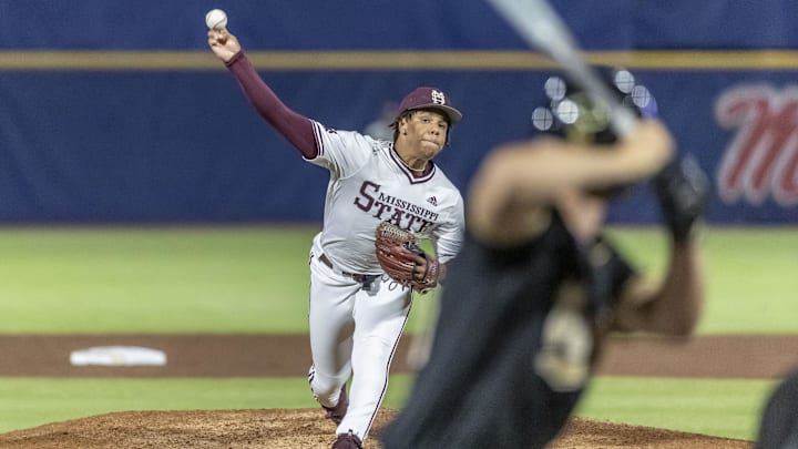 Mississippi State pitcher Jurrangelo Cijntje throws against Vanderbilt in an SEC Tournament game May 23, 2024, at Hoover Metropolitan Stadium.