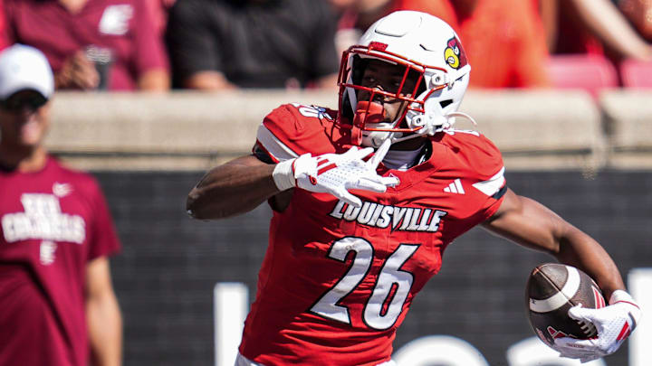 Louisville Cardinals running back Duke Watson (26) celebrates after scoring touchdown in the first half against EKU at the Cardinals' season opener Saturday, August 30, 2025 at L&N Federal Credit Union Stadium in Louisville, Kentucky.
