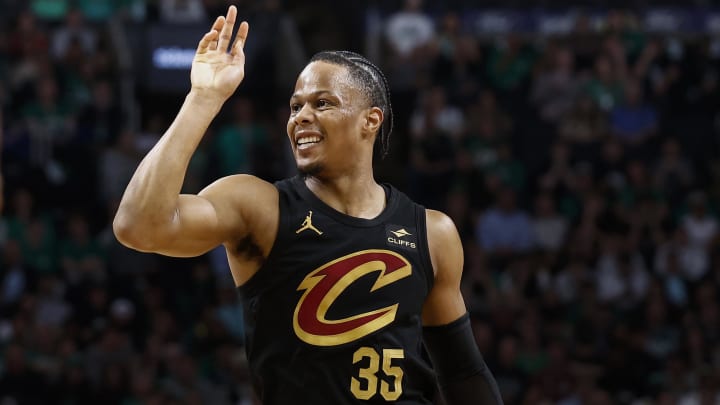 May 7, 2024; Boston, Massachusetts, USA; Cleveland Cavaliers forward Isaac Okoro (35) grimaces after missing a shot against the Boston Celtics during the second quarter of game one of the second round of the 2024 NBA playoffs at TD Garden.