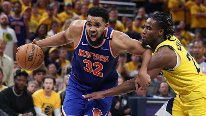 May 31, 2025; Indianapolis, Indiana, USA; New York Knicks center Karl-Anthony Towns (32) drives to the basket against Indiana Pacers guard Andrew Nembhard (2) in the third quarter during game six of the eastern conference finals for the 2025 NBA Playoffs at Gainbridge Fieldhouse. Mandatory Credit: Trevor Ruszkowski-Imagn Images May 31, 2025; Indianapolis, Indiana, USA; New York Knicks center Karl-Anthony Towns (32) drives to the basket against Indiana Pacers guard Andrew Nembhard (2) in the third quarter during game six of the eastern conference finals for the 2025 NBA Playoffs at Gainbridge Fieldhouse. Mandatory Credit: Trevor Ruszkowski-Imagn Images