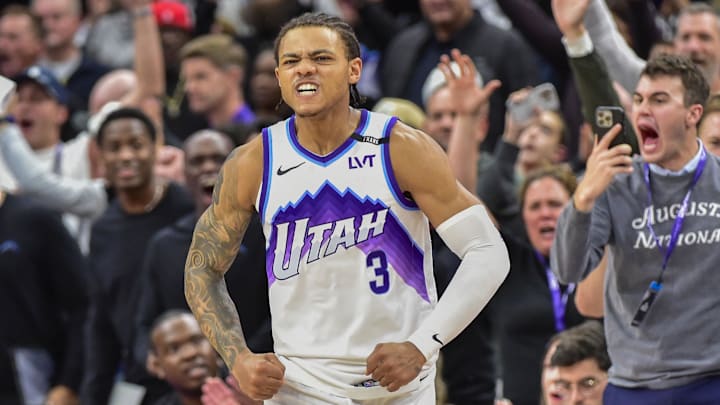 Nov 16, 2025; Salt Lake City, Utah, USA; Utah Jazz guard Keyonte George (3) reacts to his game winning shot during double overtime against the Chicago Bulls at Delta Center. Mandatory Credit: Peter Creveling-Imagn Images