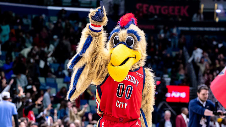Dec 21, 2024; New Orleans, Louisiana, USA;  New Orleans Pelicans mascot Pierre T. Pelican performs during a time out in the second half against the New York Knicks at Smoothie King Center. Mandatory Credit: Stephen Lew-Imagn Images