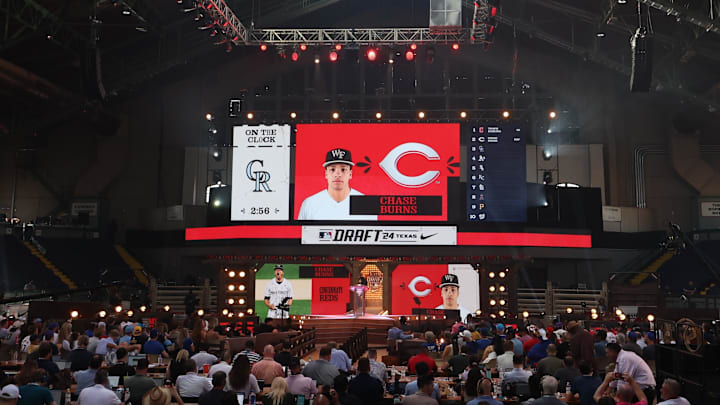 Jul 14, 2024; Ft. Worth, TX, USA;  The Cincinnati Reds select Chase Burns with the second pick during the first round of the MLB Draft at Cowtown Coliseum. Mandatory Credit: Kevin Jairaj-Imagn Images