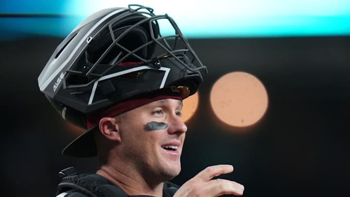 Arizona Diamondbacks catcher James McCann (8) takes the field to play against the Miami Marlins at Chase Field in Phoenix, on June 28, 2025.