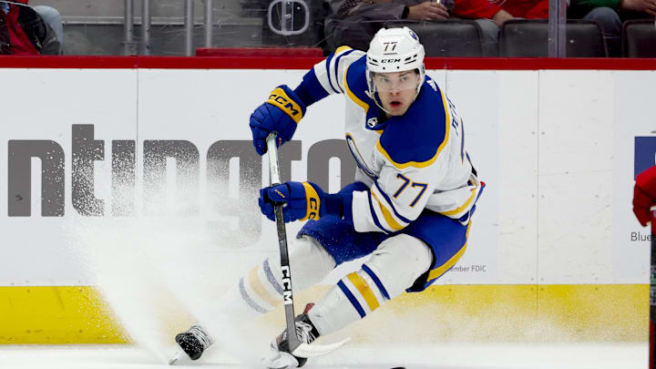 Mar 16, 2024; Detroit, Michigan, USA; Buffalo Sabres right wing JJ Peterka (77) skates with the puck in the first period against the Detroit Red Wings at Little Caesars Arena. Mandatory Credit: Rick Osentoski-Imagn Images Mar 16, 2024; Detroit, Michigan, USA; Buffalo Sabres right wing JJ Peterka (77) skates with the puck in the first period against the Detroit Red Wings at Little Caesars Arena. Mandatory Credit: Rick Osentoski-Imagn Images