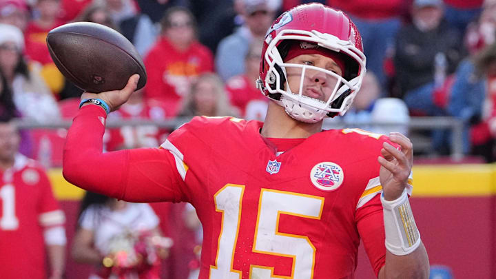 Nov 23, 2025; Kansas City, Missouri, USA; Kansas City Chiefs quarterback Patrick Mahomes (15) throws a pass against the Indianapolis Colts in the second half at GEHA Field at Arrowhead Stadium. Mandatory Credit: Denny Medley-Imagn Images
