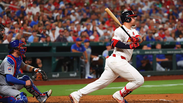 St. Louis Cardinals infielder Nolan Gorman gets a hit against the Chicago Cubs.