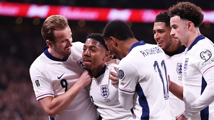 Harry Kane (left) and Myles Lewis-Skelly both scored for England