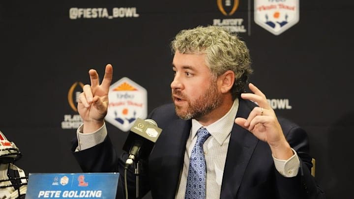 Head coach Pete Golding of Mississippi makes final pregame comments before their matchup with Miami at the Fiesta Bowl during a news conference at the JW Marriott Scottsdale Camelback Inn Resort on Jan. 7, 2026.