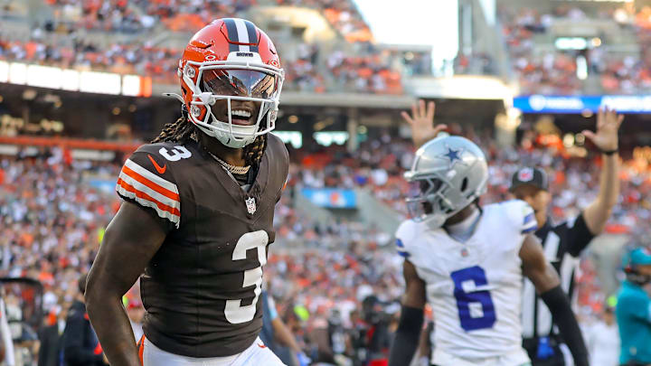 Cleveland Browns wide receiver Jerry Jeudy (3) celebrates after scoring his first touchdown as a Brown during the second half of an NFL football game against the Dallas Cowboys at Huntington Bank Field, Sunday, Sept. 8, 2024, in Cleveland, Ohio.