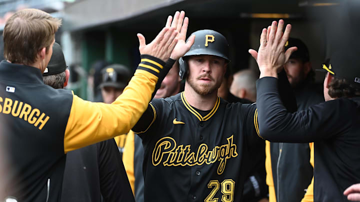 May 2, 2026; Pittsburgh, Pennsylvania, USA;  Pittsburgh Pirates right fielder Ryan O'Hearn is greeted in the dugout after scoring against the Cincinnati Reds during the first inning at PNC Park. Mandatory Credit: Philip G. Pavely-Imagn Images