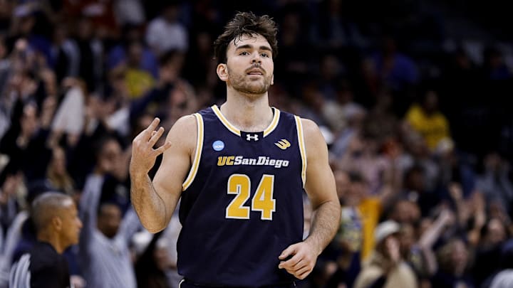March 20, 2025; Denver, CO, USA; UC San Diego Tritons forward Nordin Kapic (24) reacts after making a three point basket during the second half against the Michigan Wolverines at Ball Arena. Mandatory Credit: Isaiah J. Downing-Imagn Images March 20, 2025; Denver, CO, USA; UC San Diego Tritons forward Nordin Kapic (24) reacts after making a three point basket during the second half against the Michigan Wolverines at Ball Arena. Mandatory Credit: Isaiah J. Downing-Imagn Images