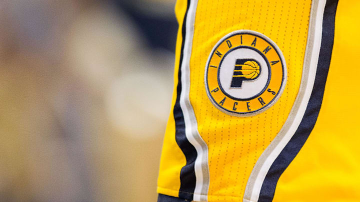 Mar 27, 2016; Indianapolis, IN, USA; A view of the Indiana Pacers logo on the shorts of guard George Hill (3) in the game against the Houston Rockets at Bankers Life Fieldhouse. The Indiana Pacers beat the Houston Rockets by the score of 104-101. Mandatory Credit: Trevor Ruszkowski-USA TODAY Sports