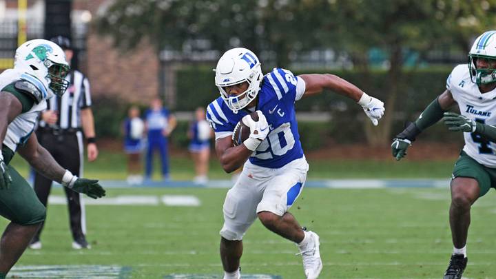 Sep 5, 2026; Durham, North Carolina, USA; Duke Blue Devils running back Nate Sheppard (20) runs the ball against the Tulane Green Wave during the second quarter at Wallace Wade Stadium. Mandatory Credit: Zachary Taft-Imagn Images Sep 5, 2026; Durham, North Carolina, USA; Duke Blue Devils running back Nate Sheppard (20) runs the ball against the Tulane Green Wave during the second quarter at Wallace Wade Stadium. Mandatory Credit: Zachary Taft-Imagn Images