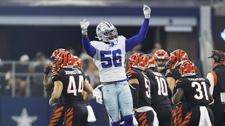 Sep 18, 2022; Arlington, Texas, USA; Dallas Cowboys defensive end Dante Fowler Jr. (56) reacts after a play in the fourth quarter against the Cincinnati Bengals  at AT&T Stadium. Mandatory Credit: Tim Heitman-Imagn Images