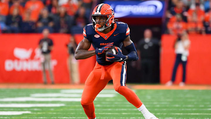 Aug 31, 2024; Syracuse, New York, USA; Syracuse Orange running back LeQuint Allen (1) runs with the ball against the Ohio Bobcats during the first half at the JMA Wireless Dome. Mandatory Credit: Rich Barnes-Imagn Images