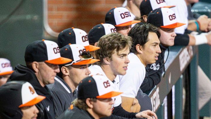 Oregon State players watch their team compete against San Diego during an NCAA college baseball game at Goss Stadium on Friday, March 7, 2025, in Corvallis, Ore. Oregon State players watch their team compete against San Diego during an NCAA college baseball game at Goss Stadium on Friday, March 7, 2025, in Corvallis, Ore.