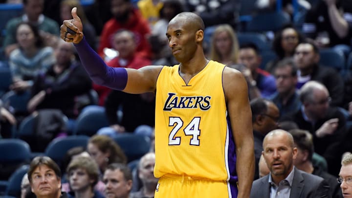 Feb 22, 2016; Milwaukee, WI, USA; Los Angeles Lakers guard Kobe Bryant (24) reacts in the third quarter during the game against the Milwaukee Bucks at BMO Harris Bradley Center. The Bucks beat the Lakers 108-101. Mandatory Credit: Benny Sieu-Imagn Images Feb 22, 2016; Milwaukee, WI, USA; Los Angeles Lakers guard Kobe Bryant (24) reacts in the third quarter during the game against the Milwaukee Bucks at BMO Harris Bradley Center. The Bucks beat the Lakers 108-101. Mandatory Credit: Benny Sieu-Imagn Images