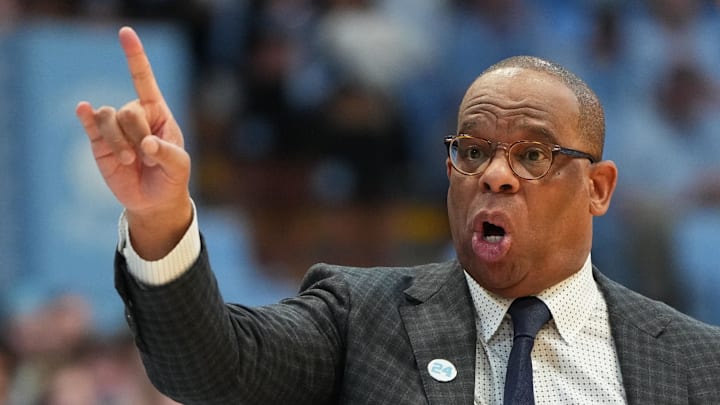Feb 14, 2026; Chapel Hill, North Carolina, USA; North Carolina Tar Heels head coach Hubert Davis reacts in the second half at Dean E. Smith Center. Mandatory Credit: Bob Donnan-Imagn Images