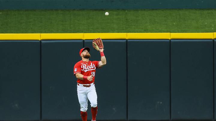 Jun 22, 2026; Cincinnati, Ohio, USA; Cincinnati Reds outfielder Blake Dunn (59) catches a fly out hit by Milwaukee Brewers outfielder Garrett Mitchell (not pictured) in the fourth inning at Great American Ball Park. Mandatory Credit: Katie Stratman-Imagn Images