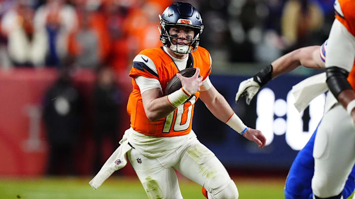 Jan 17, 2026; Denver, CO, USA; Denver Broncos quarterback Bo Nix (10) runs during the fourth quarter of an AFC Divisional Round playoff game against the Buffalo Bills at Empower Field at Mile High. 