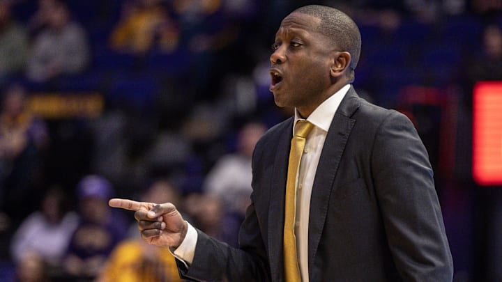Mar 9, 2024; Baton Rouge, Louisiana, USA; Missouri Tigers head coach Dennis Gates looks on against the LSU Tigers during the first half at Pete Maravich Assembly Center. Mandatory Credit: Stephen Lew-Imagn Images