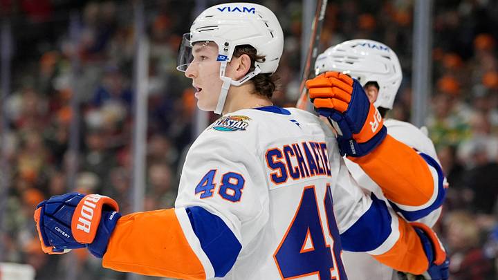 Oct 29, 2026; Saint Paul, Minnesota, USA;  New York Islanders defenseman Matthew Schaefer (48) celebrates his goal against the Minnesota Wild in the first period at Grand Casino Arena.  Mandatory Credit: Bruce Kluckhohn-Imagn Images