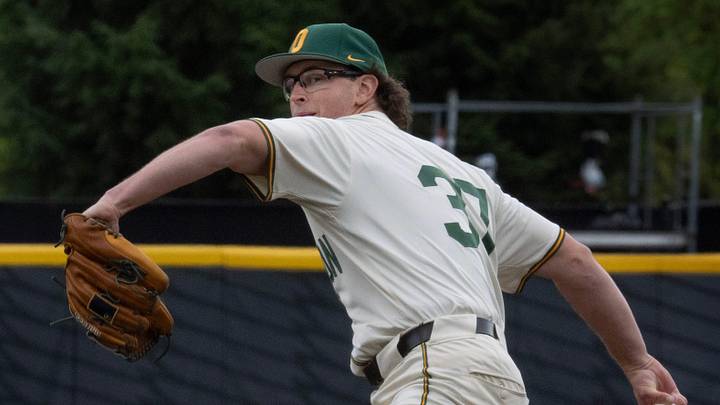 Oregon’s Cal Scolari pitches against Nebraska during the first inning at PK Park in Eugene April 12, 2026.