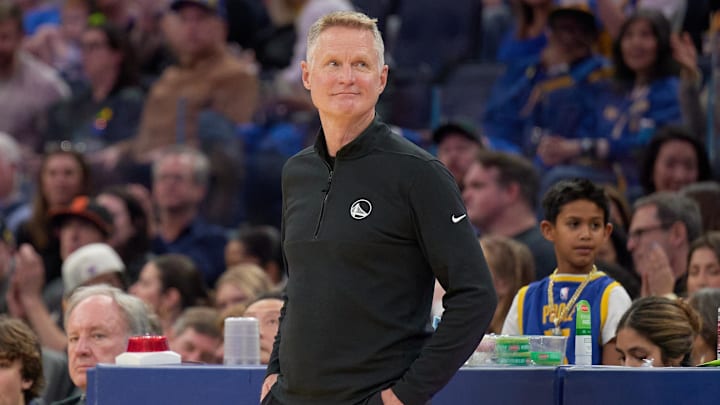 Golden State Warriors head coach Steve Kerr reacts while coaching at Chase Center. 