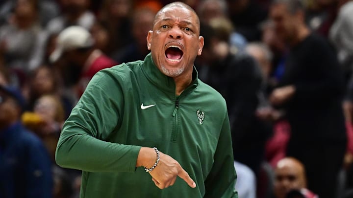 Nov 4, 2024; Cleveland, Ohio, USA; Milwaukee Bucks head coach Doc Rivers reacts during the first half against the Cleveland Cavaliers at Rocket Mortgage FieldHouse. Mandatory Credit: Ken Blaze-Imagn Images Nov 4, 2024; Cleveland, Ohio, USA; Milwaukee Bucks head coach Doc Rivers reacts during the first half against the Cleveland Cavaliers at Rocket Mortgage FieldHouse. Mandatory Credit: Ken Blaze-Imagn Images