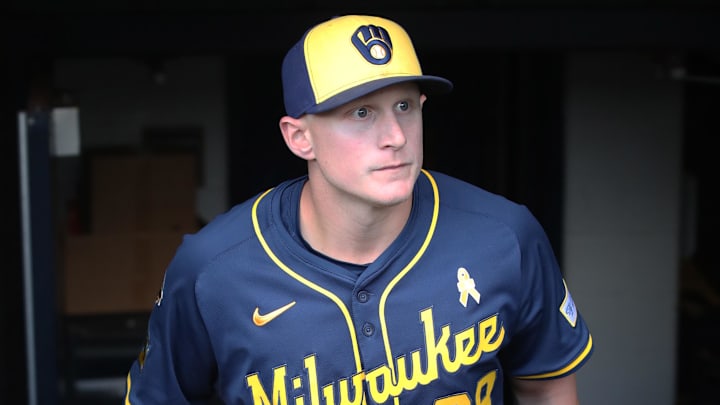 Milwaukee Brewers first base Andrew Vaughn (28) in the dugout at PNC Park. Milwaukee Brewers first base Andrew Vaughn (28) in the dugout at PNC Park.