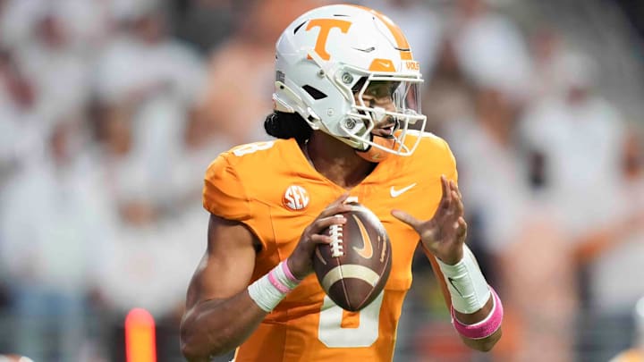 Oct 12, 2024; Knoxville, Tennessee, USA; Tennessee Volunteers quarterback Nico Iamaleava (8) prepares to throw a pass against the Florida Gators at Neyland Stadium. Mandatory Credit: Brianna Paciorka/USA TODAY Network via Imagn Images