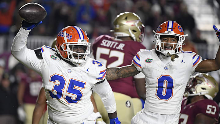 Nov 30, 2024; Tallahassee, Florida, USA; Florida Gators defensive lineman D'Antre Robinson (35) celebrates a fumble recovery during the first half against the Florida State Seminoles at Doak S. Campbell Stadium. Mandatory Credit: Melina Myers-Imagn Images Nov 30, 2024; Tallahassee, Florida, USA; Florida Gators defensive lineman D'Antre Robinson (35) celebrates a fumble recovery during the first half against the Florida State Seminoles at Doak S. Campbell Stadium. Mandatory Credit: Melina Myers-Imagn Images